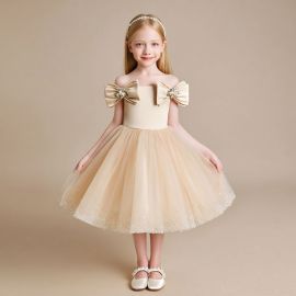 Elegant Girls Off - Shoulder Dress with Big Bowknot & Sequined Tulle Skirt for Parties