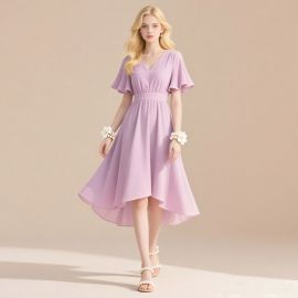 Lavender V-Neck Short-Sleeve High-Low Dress - Elegant & Flowy Summer Style