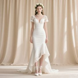Elegant Lace Short - Sleeve V - Neck Mermaid Wedding Dress with High Low Hem