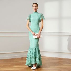 Elegant Mint Green Lace High-Neck Mermaid Gown with Ruffled Hem & Short Sleeves