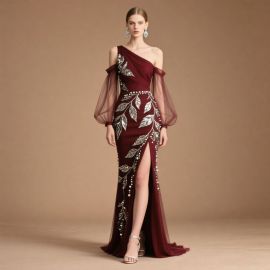 Burgundy One - Shoulder Long Sleeve Evening Gown with Embroidered Leaves & High Slit