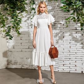 Elegant White Lace High-Neck Midi Dress with Ruffled Sleeves & Tiered Skirt