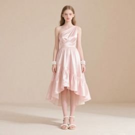 Pink One - Shoulder Satin Dress with Asymmetric Hem