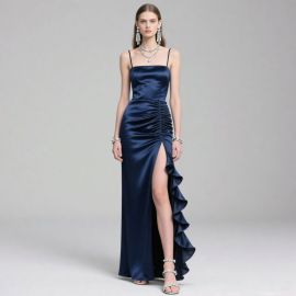 Elegant Navy Blue Satin Strapless Gown with High Slit & Ruffled Hem