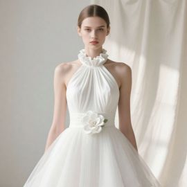 Elegant White Halter Neck Wedding Dress with Ruffled Collar & Floral Waist Accent