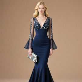 Navy Blue Mermaid Gown with Sequined Mesh Sleeves - Elegant Formal Evening Dress