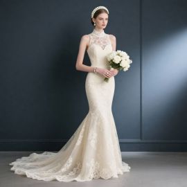 Elegant High - Neck Lace Mermaid Wedding Dress with Train