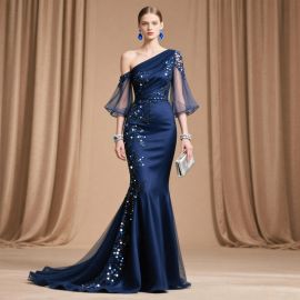 Stunning Navy Blue One - Shoulder Sequined Mermaid Evening Gown with Train