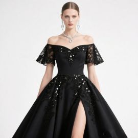 Elegant Black Off - Shoulder Evening Gown with Lace Embellishment & Sequins High Slit Formal Dress
