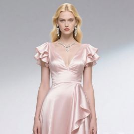 Elegant Blush Pink Satin Ruffle Sleeve V-Neck Formal Evening Dress