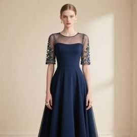 Elegant Navy Blue A-Line Gown with Beaded Mesh Sleeves for Formal Events