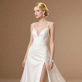 Elegant White Satin Wedding Dress: Spaghetti Straps, Deep V-Neck, High Slit Design