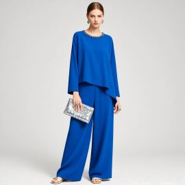 Elegant Royal Blue Jumpsuit with Beaded Collar & Wide-Leg Pants - Chic Formal Outfit