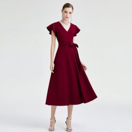 Elegant Burgundy V-Neck Midi Dress with Ruffled Sleeves & Bow Belt
