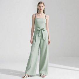 Mint Green Strapless Jumpsuit with Bow Belt - Elegant Wide Leg Romper for Women