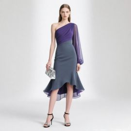 Elegant One - Shoulder Asymmetrical Hem Colorblock Chiffon Sleeve Midi Dress