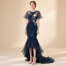 Elegant Navy Blue Mermaid Gown with Floral Embroidery & Tulle Sleeves - Formal Evening Dress