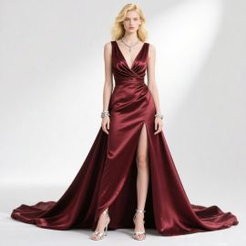 Burgundy Satin Evening Gown: Deep V Neck & High Slit Elegant Formal Dress