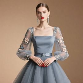 Elegant Gray Gown with Embroidered Tulle Sleeves & Satin Belt - Formal Evening Dress