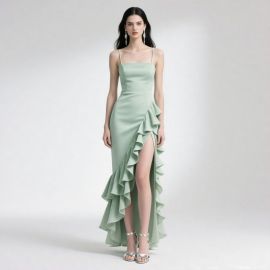 Mint Green Spaghetti Strap Square Neck Ruffled High-Low Evening Gown