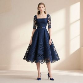 Navy Blue Lace Midi Dress: Square Neck, Half Sleeves & Belted Waist - Elegant Floral Design