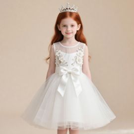 Charming White Tulle Flower Girl Dress with Floral Embellishments & Big Bow
