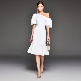 Elegant White One - Shoulder Dress with Puffy Sleeves & Mermaid Hem for Women