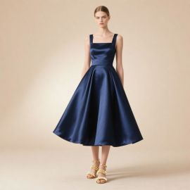 Navy Blue Satin Wide Strap Square Neck Mid-Length Flared Skirt Dress