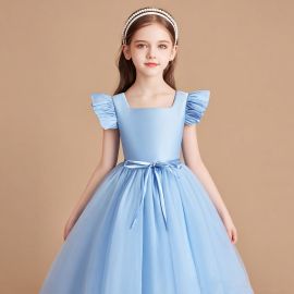 Light Blue Princess Dress for Girls - Ruffled Sleeves Tulle Skirt Party Wedding Gown