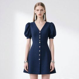Navy Blue Polka Dot Puff Sleeve V-Neck Button Down Dress - Elegant Chic Style
