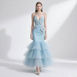 Light Blue Mermaid Gown: Spaghetti Straps, Floral Crystal Embellishments & Layered Tulle Skirt