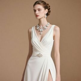 Elegant White V - Neck Wedding Dress with Pearl Trim & Side Slit