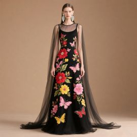 Elegant Black Gown with Floral Butterfly Embroidery & Sheer Cape Sleeves Evening Dress