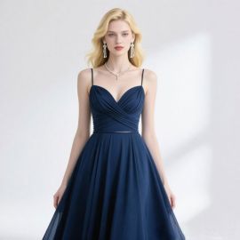 Elegant Navy Blue Spaghetti Strap Ruched A-Line Evening Dress for Formal Events