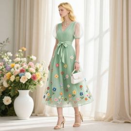 Green Midi Dress with Colorful Floral Embroidery & Puff Sleeves - Summer Elegance