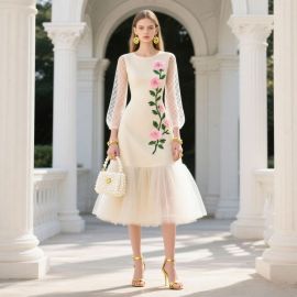 Elegant Cream Floral Embroidered Dress with Mesh Sleeves and Tulle Skirt