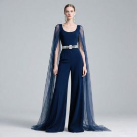 Elegant Navy Blue Jumpsuit with Sheer Cape & Crystal Belt - Formal Evening Wear