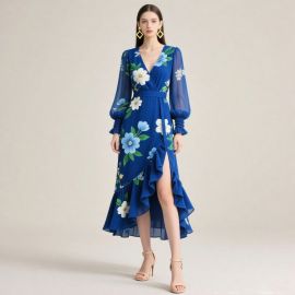 Chic Blue Floral Print V-Neck Long Sleeve High Slit Ruffled Midi Dress