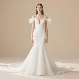 Feather Shoulder Mermaid Wedding Dress - Elegant Bridal Gown with Train