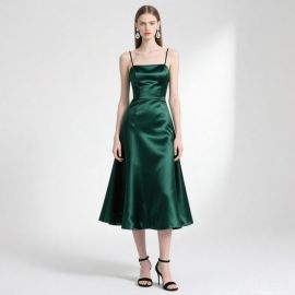 Emerald Green Satin Spaghetti Strap Midi Dress - Chic Party & Evening Wear