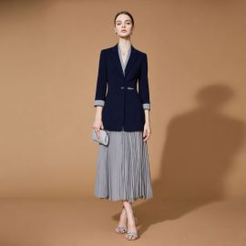 Women's Navy Blue Blazer & Gray Pleated Skirt - Elegant Office & Formal Style