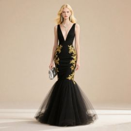 Elegant Black Mermaid Gown with Gold Embroidery & Deep V-Neck Tulle Skirt