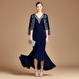 Elegant Navy Blue Mermaid Gown with Embroidered Jacket - Formal Evening Dress