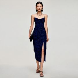 Elegant Blue Printed Spaghetti Strap Midi Dress with Side Slit