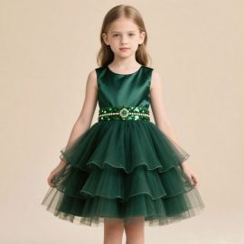 Emerald Green Sleeveless Tiered Tulle Dress with Sequined Belt - Flower Girl Occasion Wear