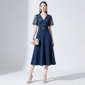 Elegant Navy Blue Lace Embroidered Midi Dress - V-Neck Short Sleeves with Belted Waist for Women