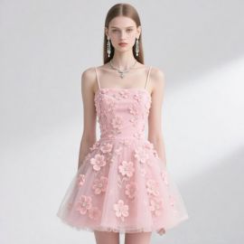 Pink 3D Floral Embroidered Spaghetti Strap Short Tulle Dress for Parties