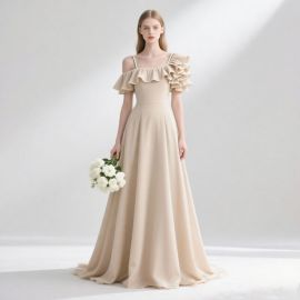 Elegant Off - Shoulder Long Dress with Ruffled Details, Soft Champagne Color for Weddings & Events