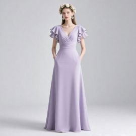 Lavender Long Bridesmaid Dress: Ruffled Sleeves, V-Neck, Flowy A-Line Gown for Weddings