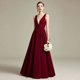 Elegant Burgundy Deep V-Neck Long Evening Gown - Perfect for Weddings & Formal Events